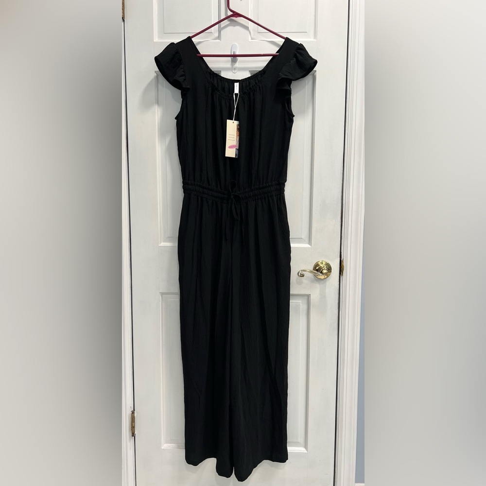 DOKOTOO NWT Black Flowy Wide Leg Boho Beach Drawstring Waist Jumpsuit SIZE LARGE
